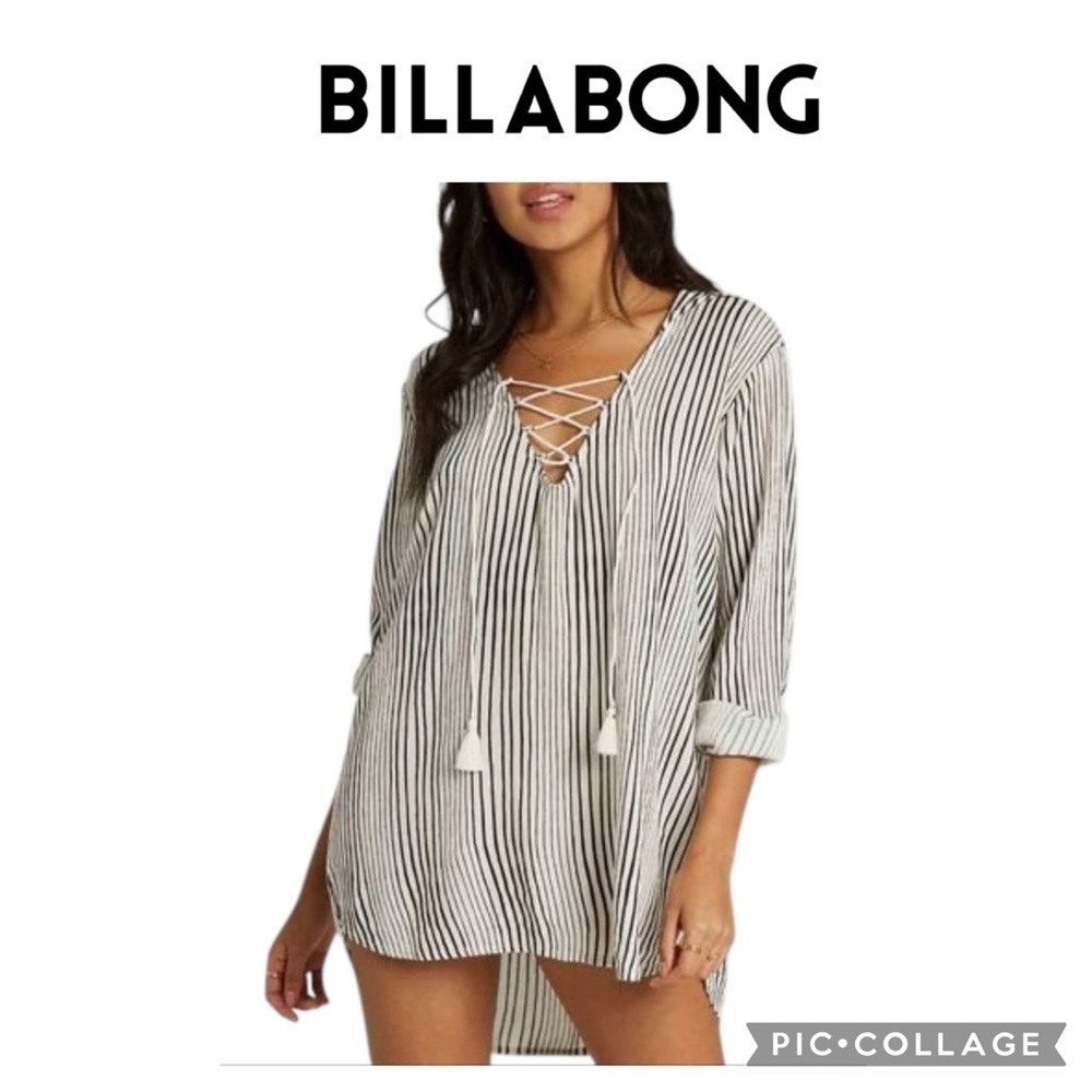 Billabong Women Same Story hooded Cover-Up striped black white size small